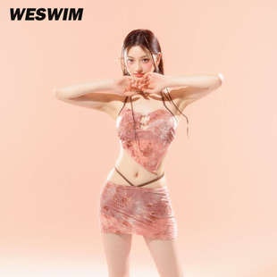 WESWIM分體泳衣女新款 溫泉海島粉 性感小胸綁帶露背桃心比基尼裙式