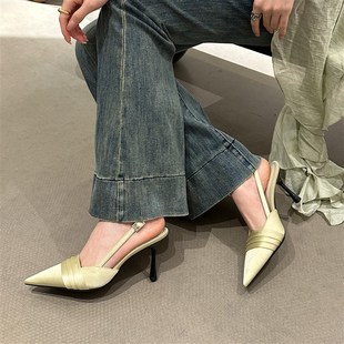 淺口單鞋 2025春夏季 后絆帶細跟女涼鞋 l尖頭細跟綢緞面高跟鞋 新款