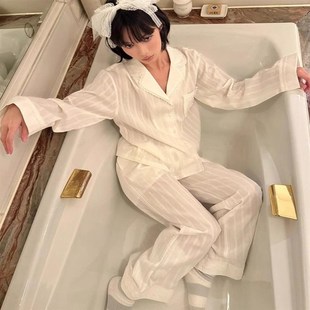 家居服套裝 長褲 開衫 韓系高級感白色花邊雙層棉v紗睡衣女秋冬季