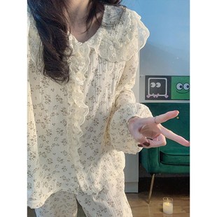 宮廷風睡衣女秋季 家X居服棉紗套裝 款 長褲 重工蕾絲花邊長袖 法式