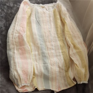 清新雙層紗布睡衣花邊粉藍(lán)寬條女家居M服套裝 慵懶風(fēng)縐布春夏