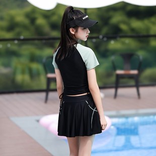 女大童泳衣女孩2024新款 分體游泳 青少年初高H中學生平角保守裙式
