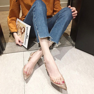 高跟鞋 春夏法式 女細(xì)跟夏百搭尖頭水鉆網(wǎng)紅水晶 2021年新款 透明涼鞋
