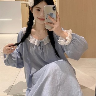 家居服套裝 韓版 提花甜美花邊睡裙男女款 長袖 情侶睡衣春秋l款