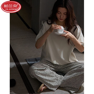 長褲 莫代爾冰絲短袖 休閑家居服夏款 夏天薄款 涼感睡衣女款 套裝 夏季
