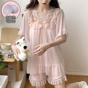 帶胸墊睡衣女夏季 莫代爾網(wǎng)紗甜美公主風(fēng)蕾絲花邊家居服兩件套 短袖
