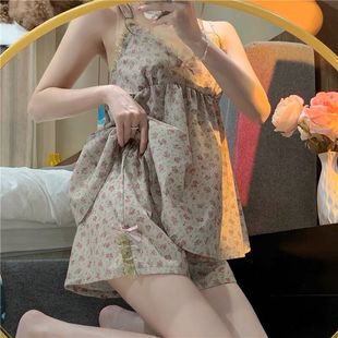純棉夏季 套裝 家居服 蕾絲性感碎花吊帶短褲 純欲風帶胸墊睡衣女夏款