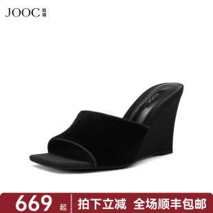 新款 JOOC玖詩露趾坡跟涼拖2025夏季 黑色氣質外穿拖鞋 新派極簡