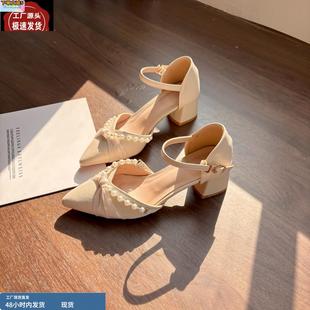 瑪麗珍鞋 單鞋 春夏季 淺口尖頭粗高跟仙女風包頭涼鞋 女 新款 羊皮版