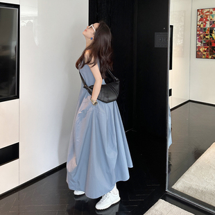 寬松無袖 韓版 連衣裙chic裙子 霧藍色大裙擺長裙女2025夏季 金蘇一