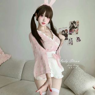 春日糯米兔 粉色深V印花雪紡和服花邊純欲透視可愛兔子女仆睡裙