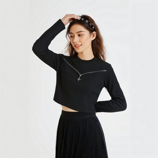 上衣女617 飾短修身 魔系列25春品牌折扣休閑個性 甜辣圓領拉鏈裝