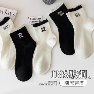 破洞潮襪 純棉刺繡中筒襪短襪花邊夏季 黑色襪子女短筒襪白夏季 薄款