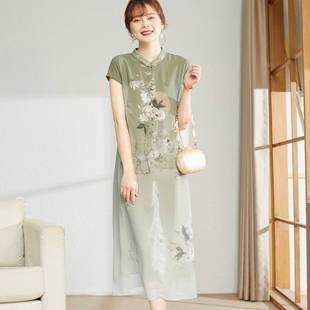 喜卉媽媽夏裝 連衣裙中年女洋氣中國風旗袍中老年氣質雪紡裙子 短袖