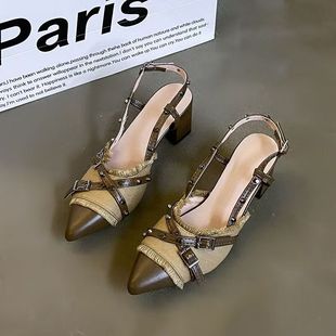 爆款 單鞋 粗跟設計感高跟鞋 黑色氣質包頭涼鞋 女 女法式 2025春夏新款