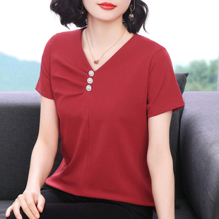 t恤女新款 中年女裝 2025夏裝 小衫 寬松V領上衣 減齡純棉半袖 媽媽短袖