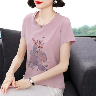 t恤女 小衫 寬松2025夏裝 半袖 中年媽媽洋氣減齡上衣服 新款 純棉短袖