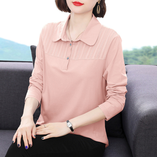 t恤女 翻領(lǐng)上衣打底衫 2025春裝 秋衣外穿中老年媽媽裝 新款 純棉長(zhǎng)袖