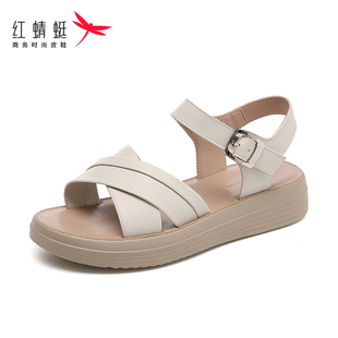 防滑耐磨輕便輕便 沙灘鞋 紅蜻蜓女媽媽涼鞋 厚底頭層牛皮真皮女涼鞋