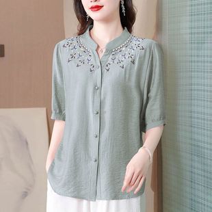 寬松遮肚子小衫 立領(lǐng)錦棉襯衫 新款 夏季 刺繡百搭國風(fēng)氣質(zhì)上衣 女短袖