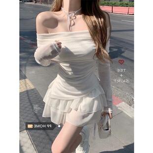 女一字肩T恤上衣夏季 甜辣套裝 穿搭蛋糕半身裙兩件套 法式 網(wǎng)紅同款