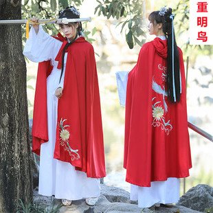 漢服女斗篷披風薄款 紅色帶帽古風 春夏神鳥重明鳥曇花繡花原創正品