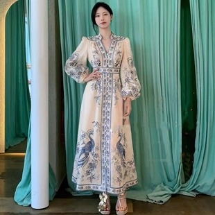 澳洲小眾復古宮廷異域印花收腰顯瘦單排扣長袖 連衣裙度假大擺長裙