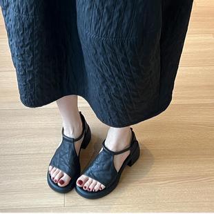 新款 女夏季 露趾粗跟氣質通勤一字帶 復古優雅英倫高跟涼鞋 超有范
