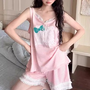 夏季 純棉薄款 女甜美睡衣家居服 短褲 KITTY貓卡通蕾絲花邊背心無(wú)袖