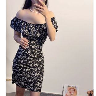 顯瘦包臀短裙 修身 甜辣純欲性感辣妹一字肩碎花連衣裙子女夏季 新款