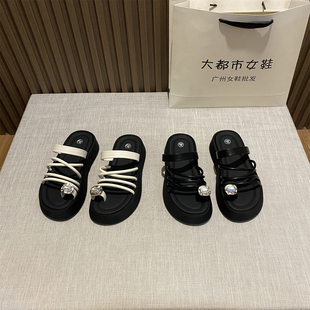 配裙度假海邊涼拖鞋 新款 女2025夏季 松糕厚底休閑水鉆套趾羅馬拖鞋