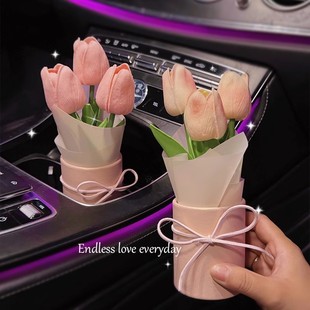 汽車擺件郁金香花束ins風可愛中控臺網紅車內仿真花儀表臺裝 飾品