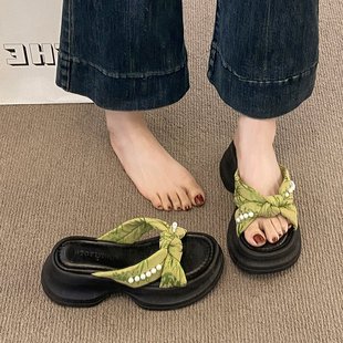 外出海邊沙灘 女夏外穿高級感2025新款 網紅爆款 絕美增高厚底涼拖鞋
