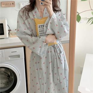 睡袍可愛格子櫻桃春秋長袖 長款 家居服 和服睡衣ins日式 浴袍女薄款
