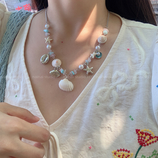 海星貝殼珍珠項鏈 彩色串珠女海邊度假風鎖骨鏈夏天甜酷頸鏈配飾