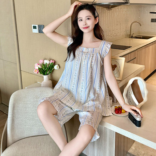 吊帶睡衣女飛袖 學生印花套裝 短褲 綿綢寬松薄款 休閑家居服韓版 夏季