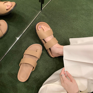 涼拖夾趾涼鞋 女夏外穿真皮一字帶女式 子 row風套趾厚底拖鞋 踩屎感