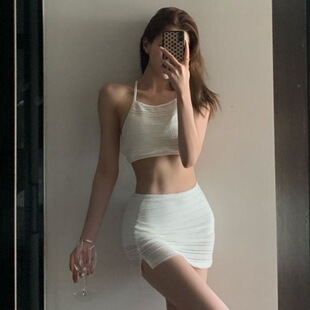 泳衣女純欲性感辣妹白色鏤空分體裙式 比基尼顯瘦小胸聚攏海邊度假