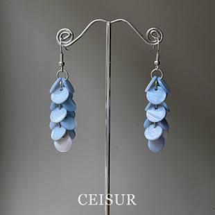 S925純銀藍貝殼流蘇耳環(huán)夏日度假風(fēng)耳釘女簡約拍照出片耳飾清冷感