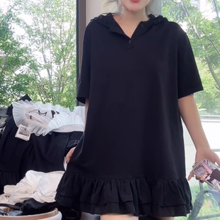 新款 T恤女2025夏季 寬松百搭花邊上衣 短袖 設(shè)計(jì)感蕾絲連帽中長款