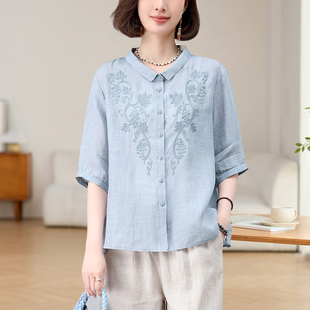 顯瘦小衫 專柜高端苧麻刺繡襯衫 中年媽媽小個子寬松大碼 新款 女夏季