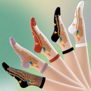 絲襪女春夏薄款 碎花玻璃日系透明棉底水晶絲襪冰絲花邊中筒襪