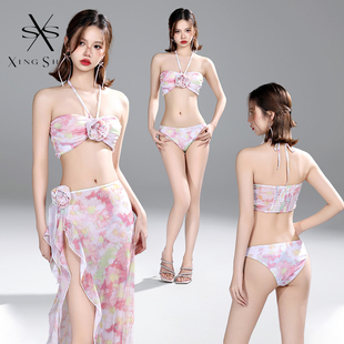 粉色新款 bikini性感比基尼三件套分體純欲大長裙沙灘海邊度假泳衣