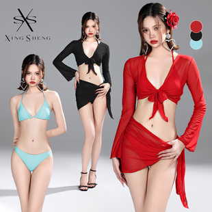 型盛游泳衣女分體四件套比基尼大紅色性感聚攏bikini海邊度假辣妹