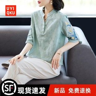 刺繡上衣服短袖 中老年女裝 純棉套裝 官方旗艦店母親節中年媽媽夏季