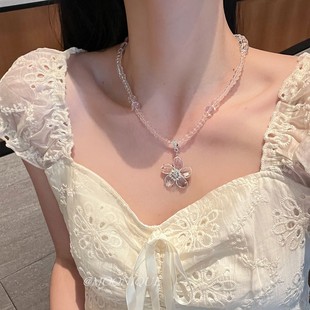 清涼感透明水晶串珠花朵項鏈女夏季 冷淡風海邊度假精致百搭鎖骨鏈
