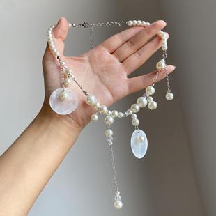 倪妮同款 貝殼圓片珍珠流蘇項鏈女夏日海邊度假拍照百搭鎖骨鏈配飾