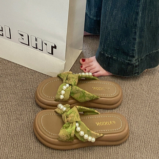 珍珠刺繡小眾軟底高級設計感外穿沙灘舒適拖鞋 品牌2025夏季 新款