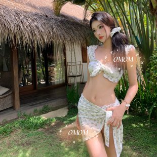 omom2025春夏新款 比基尼三件套泳衣碎花小胸聚攏溫泉海邊度假泳裝