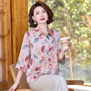 中老年女裝 薄上衣2025新款 中袖 襯衫 T恤 專柜媽媽夏季 洋氣短袖 開衫